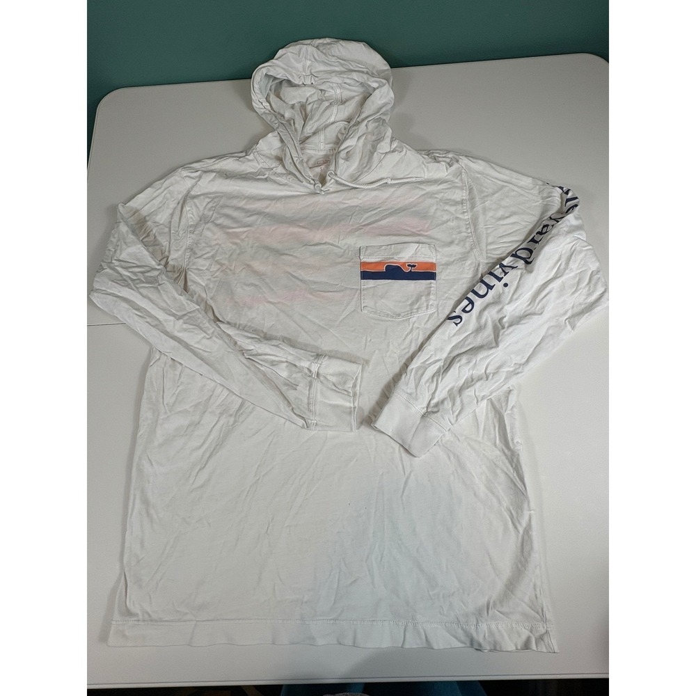 Vineyard Vines White Long Sleeve Hooded Pocket Tee Whale Graphic Size S